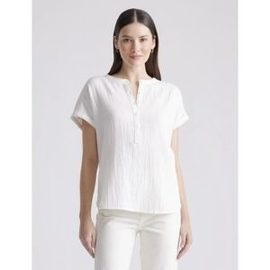 Quince L White Organic Cotton Gauze Roll Sleeve Shirt Short Sleeve Oversized